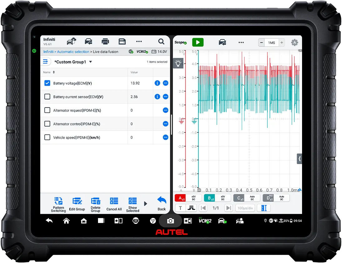 Ultra S2 med livedata och oscilloskop på delad skärm
